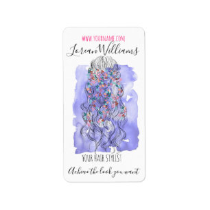 Boho Chic Purple Bride Hairstyle Watercolor Floral Label