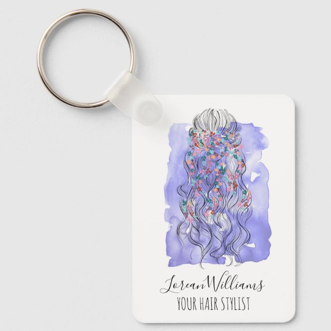 Boho Chic Purple Bride Hairstyle Watercolor QR Key Ring (Front)