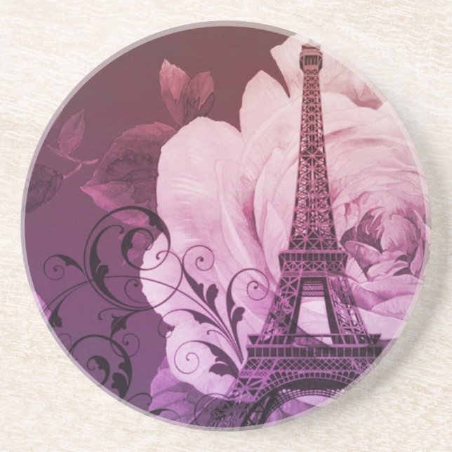 Boho chic purple floral Girly Paris Eiffel Tower Coaster (Front)