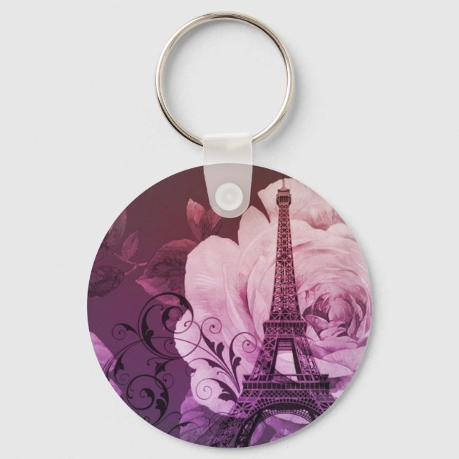 Boho chic purple floral Girly Paris Eiffel Tower Key Ring (Front)