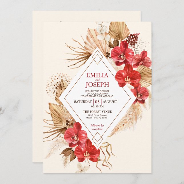 Boho chic red gold Frame & red Orchid fall Wedding Invitation (Front/Back)