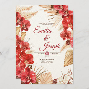 Boho chic red orchid fall Wedding Invitation