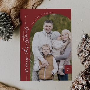 Boho Chic Red Photo Modern Merry Christmas Holiday Card