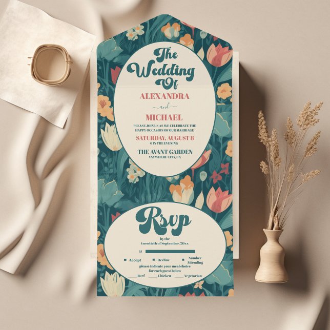 Boho Chic Retro Colourful Floral Wedding  All In One Invitation (Creator Uploaded)