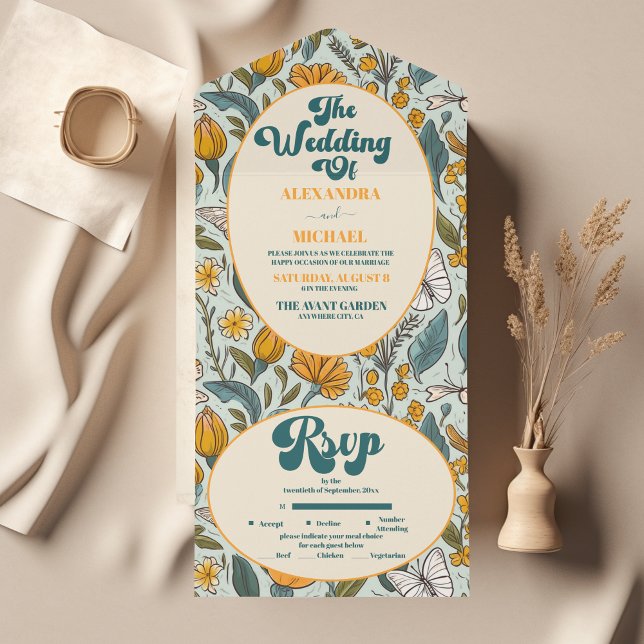 Boho Chic Retro Colourful Floral Wedding  All In One Invitation (Creator Uploaded)