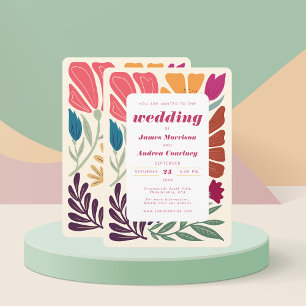 Boho Chic Retro Colourful Floral Wedding Invitation