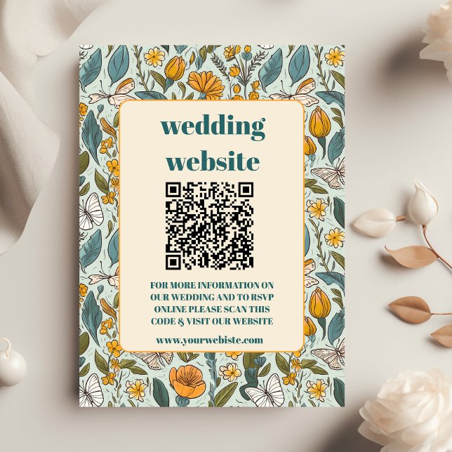 Boho Chic Retro Colourful Floral Wedding Qr code Enclosure Card (Creator Uploaded)