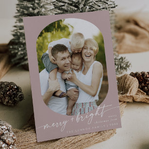 Boho Chic Rose Pink Merry Bright Photo Christmas Holiday Card