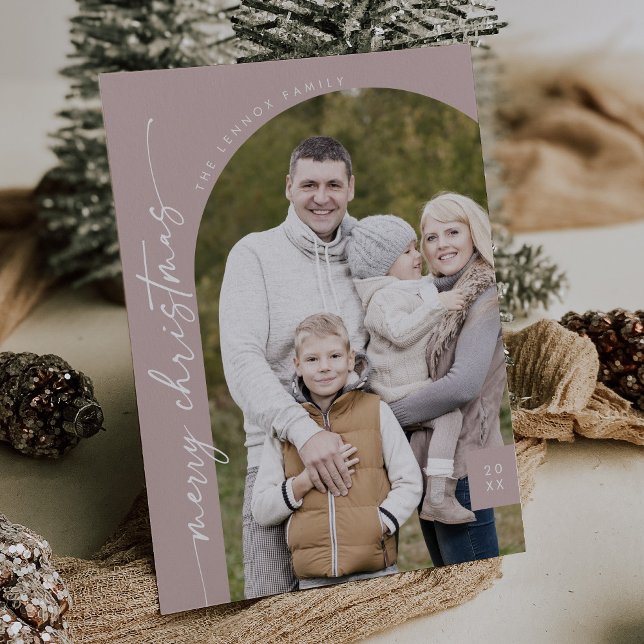 Boho Chic Rose Pink Photo Modern Merry Christmas Holiday Card (Creator Uploaded)