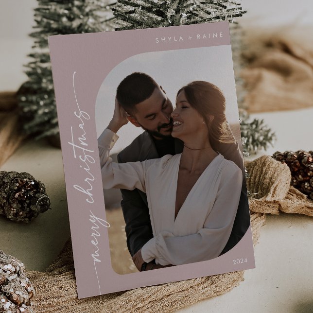 Boho Chic Rose Pink Photo Simple Merry Christmas Holiday Card (Creator Uploaded)