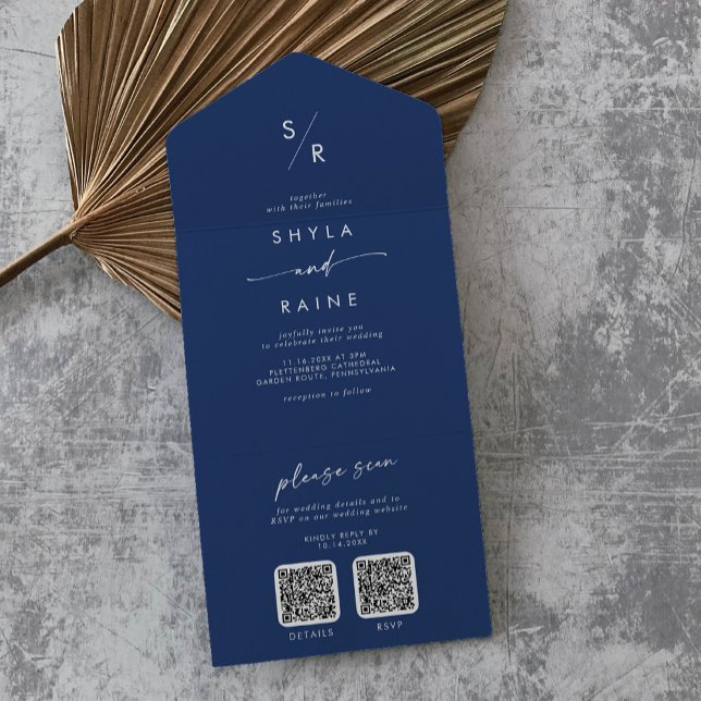 Boho Chic Royal Blue Dual QR Code Wedding All In One Invitation (Creator Uploaded)