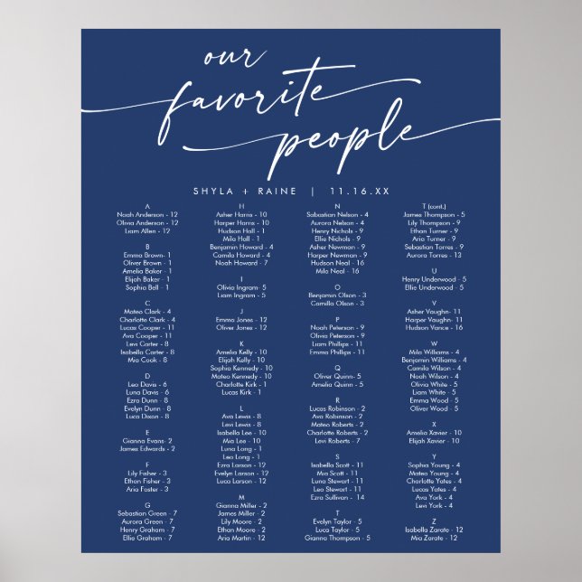 Boho Chic Royal Blue Printable Seating Chart (Front)