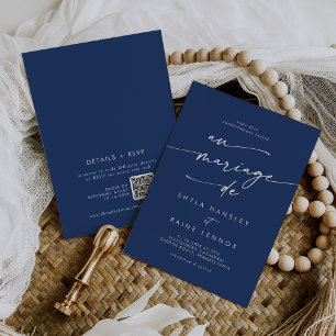 Boho Chic Royal Blue QR Code French Wedding Invitation