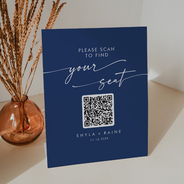 Boho Chic Royal Blue Seating Chart QR Code Pedestal Sign (Creator Uploaded)