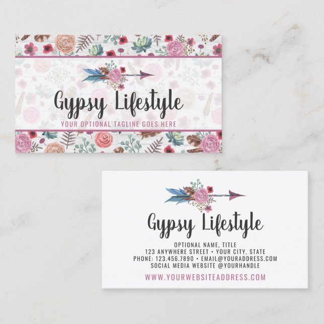 Boho Chic Rustic Feather Arrow Watercolor Bohemian Business Card (Front/Back)