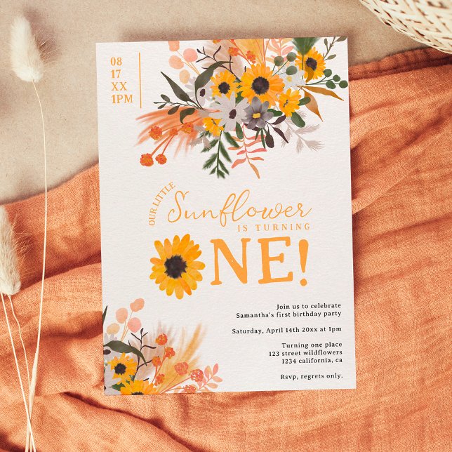 Boho chic rustic orange sunflowers 1st birthday invitation (Creator Uploaded)