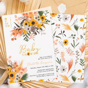Boho chic rustic orange sunflowers baby shower invitation