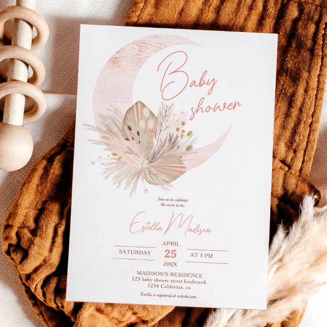 Boho chic rustic pampas floral moon baby shower invitation (Creator Uploaded)