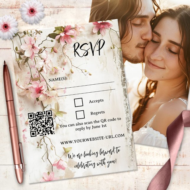 Boho Chic Rustic Pink Floral RSVP Card (Boho chic RSVP card featuring watercolor pink flowers on a rustic background, with QR code)