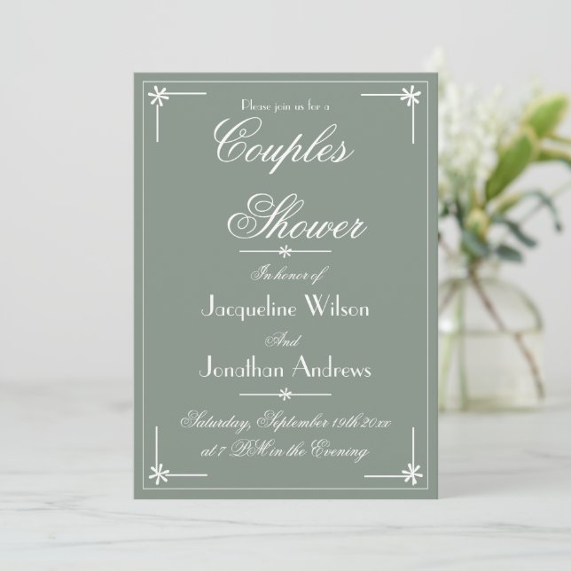 Boho Chic Sage Green And White Couples Shower Invitation (Standing Front)
