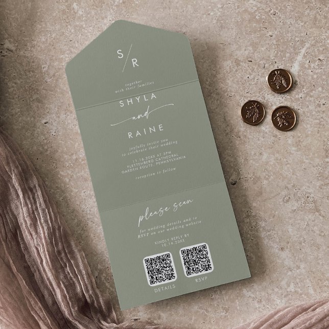 Boho Chic Sage Green Dual QR Code Wedding All In One Invitation (Creator Uploaded)