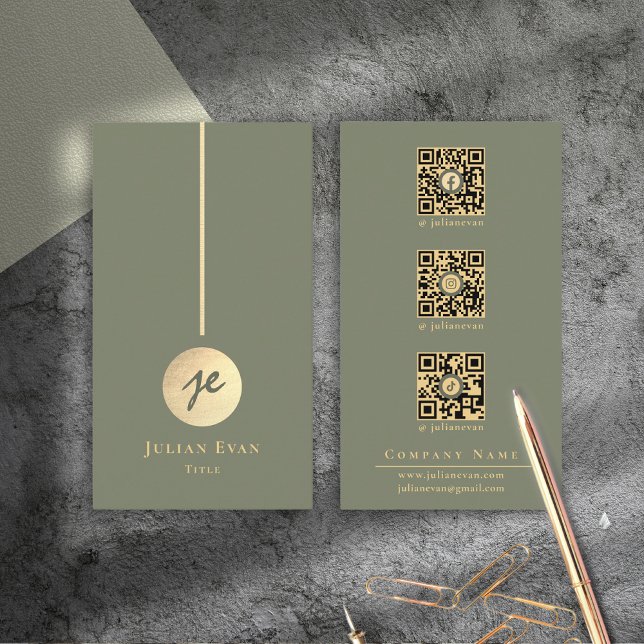 Boho Chic Sage Green & Gold Monogram Social Media Business Card (Glamorous Shiny Vintage Emerald Green & Gold Business Card)