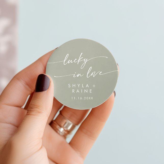 Boho Chic Sage Green Lucky In Love Favour Classic Round Sticker (Boho Chic Sage Green Lucky In Love Favor Classic Round Sticker)