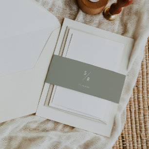 Boho Chic Sage Green Monogram Wedding Invitation Belly Band