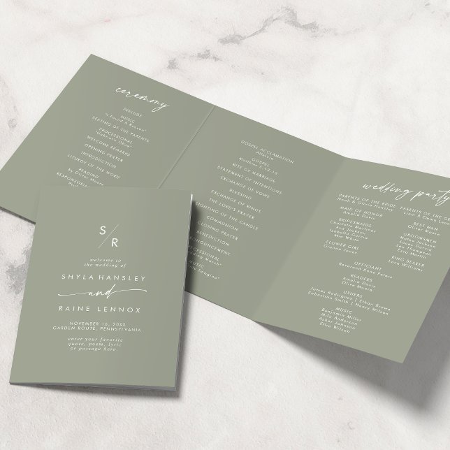 Boho Chic Sage Green Monogram Wedding Tri-Fold Programme (Creator Uploaded)