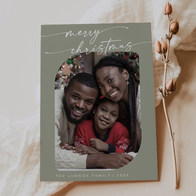 Boho Chic Sage Green Photo Cute Merry Christmas Holiday Card (Creator Uploaded)