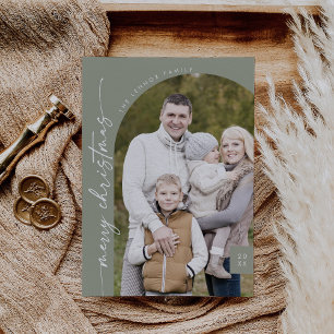 Boho Chic Sage Green Photo Modern Merry Christmas Holiday Card