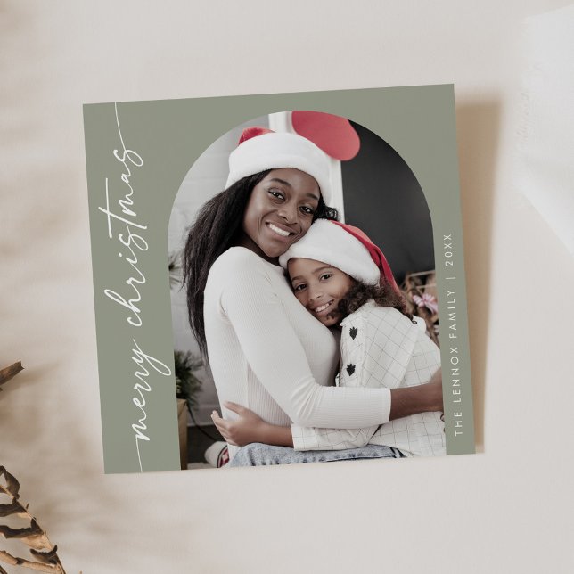 Boho Chic Sage Green Photo Unique Merry Christmas Holiday Card (Creator Uploaded)