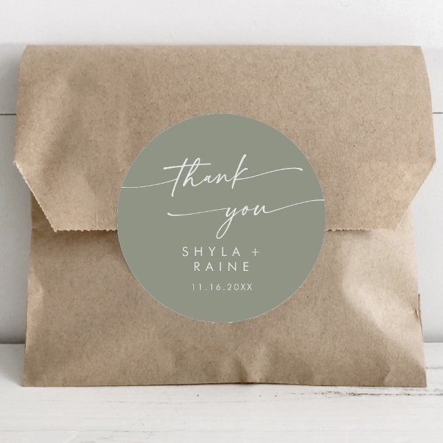 Boho Chic Sage Green Thank You Wedding Favour Classic Round Sticker (Creator Uploaded)
