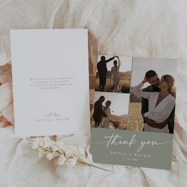 Boho Chic Sage Green Wedding Photo Collage Thank You Card (Creator Uploaded)