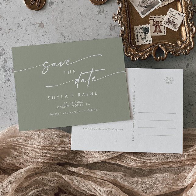 Boho Chic Sage Green Wedding Save the Date Invitation Postcard (Creator Uploaded)