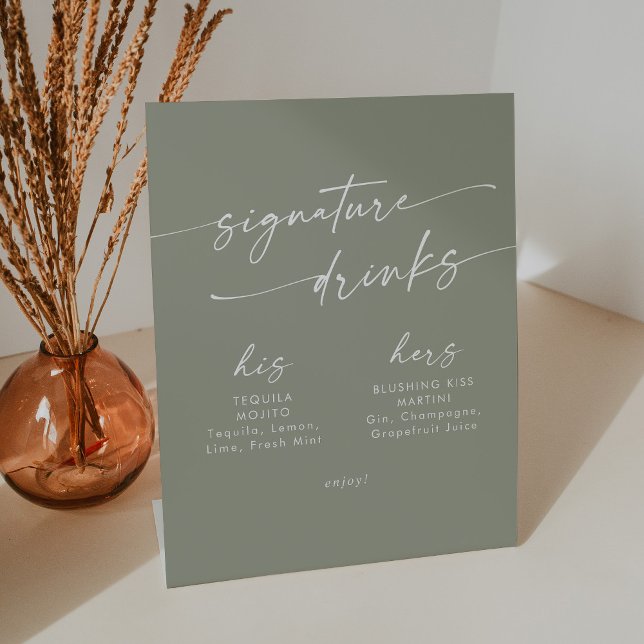 Boho Chic Sage Green Wedding Signature Drinks Pedestal Sign (Creator Uploaded)