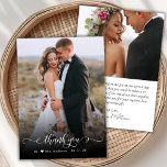 Boho Chic Script 2 Photo Wedding Thank You Card<br><div class="desc">Modern Boho Chic Calligraphy Script Wedding 2 Photo Thank You Card. Stylish wedding thank you template featuring a full vertical photo on the front with the text "Thank You" in a whimsical swirly hand lettering calligraphy or typography swash tail font script in white overlay on the picture. Little cute love...</div>