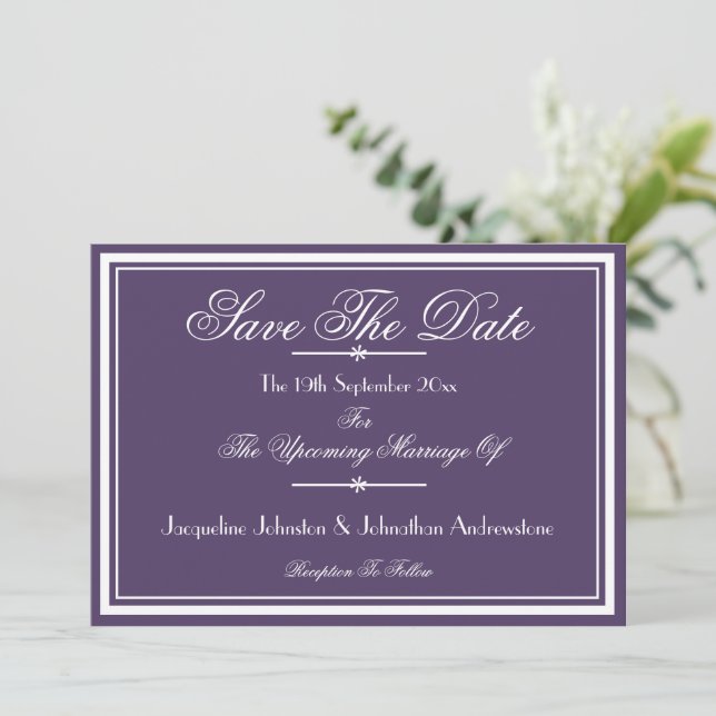 Boho Chic Script Dusty Purple Save The Date Announcement (Standing Front)