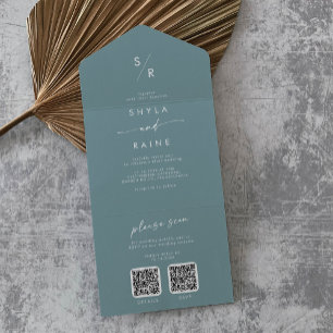 Boho Chic Seafoam Teal Dual QR Code Wedding All In One Invitation