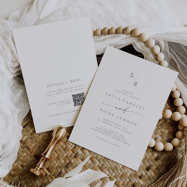Boho Chic Slate Blue Monogram QR Code Wedding Invitation (Creator Uploaded)