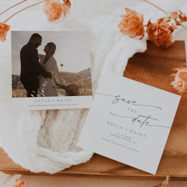 Boho Chic Slate Blue Square Photo Back Save The Date (Creator Uploaded)