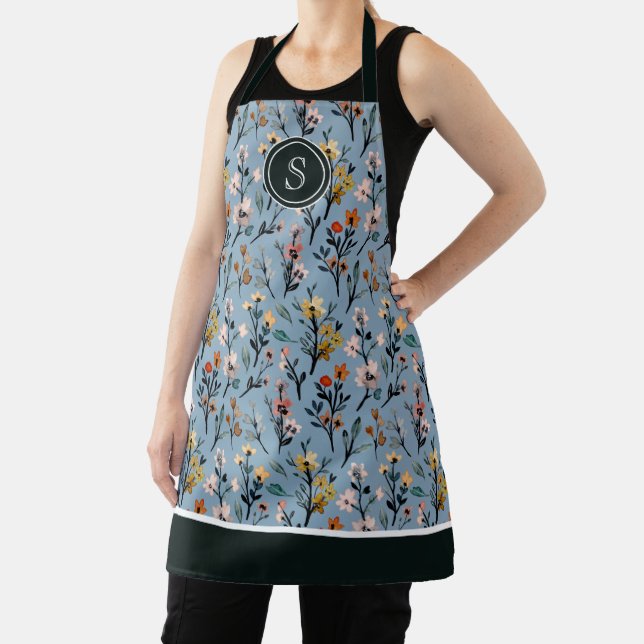 Boho Chic Soft Blue Watercolor Floral Apron (Insitu)