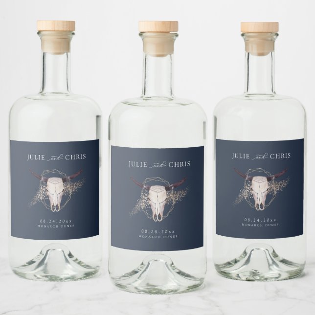 Boho Chic Steer Skull Wedding Liquor Bottle Label (Bottles)