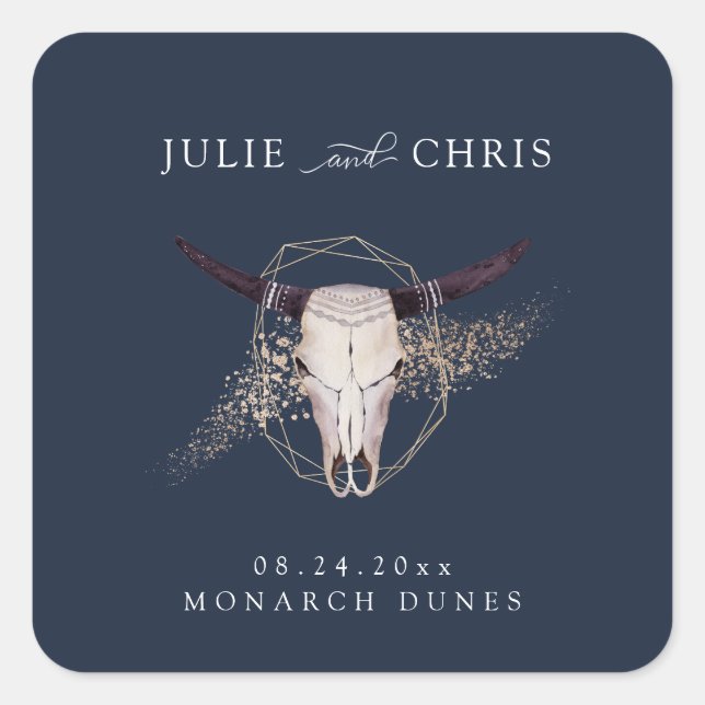 Boho Chic Steer Skull Wedding Square Sticker (Front)