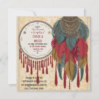 Boho chic tassels, feathers and knots wedding invitation