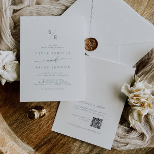 Boho Chic Teal and White Monogram QR Code Wedding Invitation