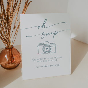 Boho Chic Teal and White Oh Snap Wedding Hashtag Pedestal Sign