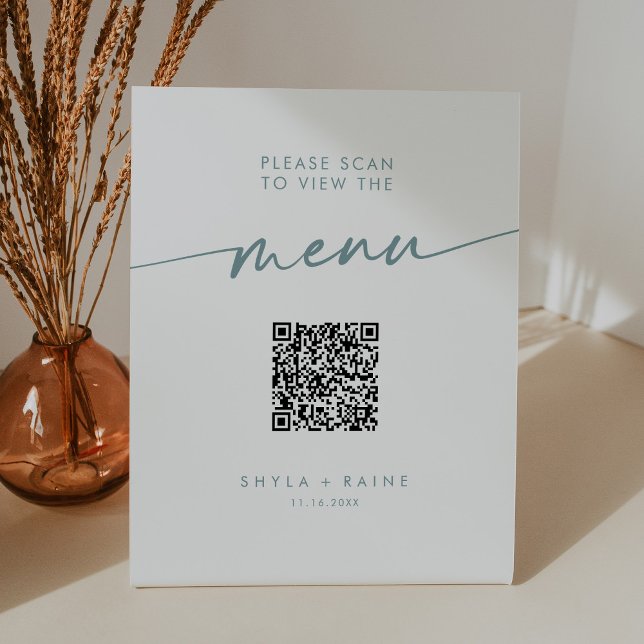Boho Chic Teal and White QR Code Wedding Menu Pedestal Sign (Creator Uploaded)
