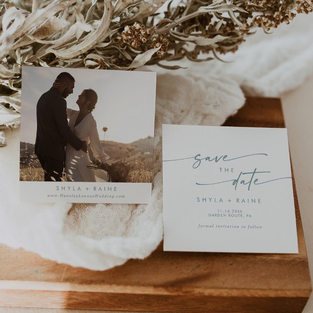 Boho Chic Teal and White Square Photo Back Save The Date (Creator Uploaded)