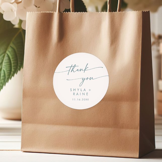 Boho Chic Teal and White Thank You Wedding Favour Classic Round Sticker (Creator Uploaded)